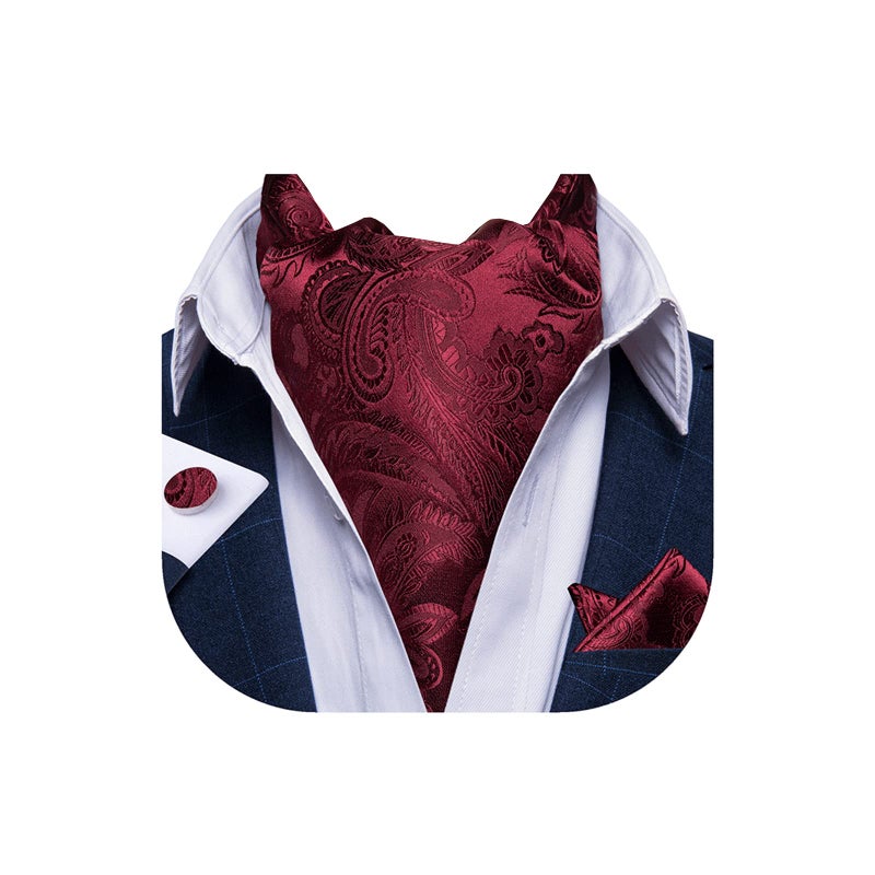 DiBanGu Burgundy Ascot Ties for Men Cravat Tie and Pocket Square Set Jacquard Silk Ascot Paisley Cravat for Men - Image 1